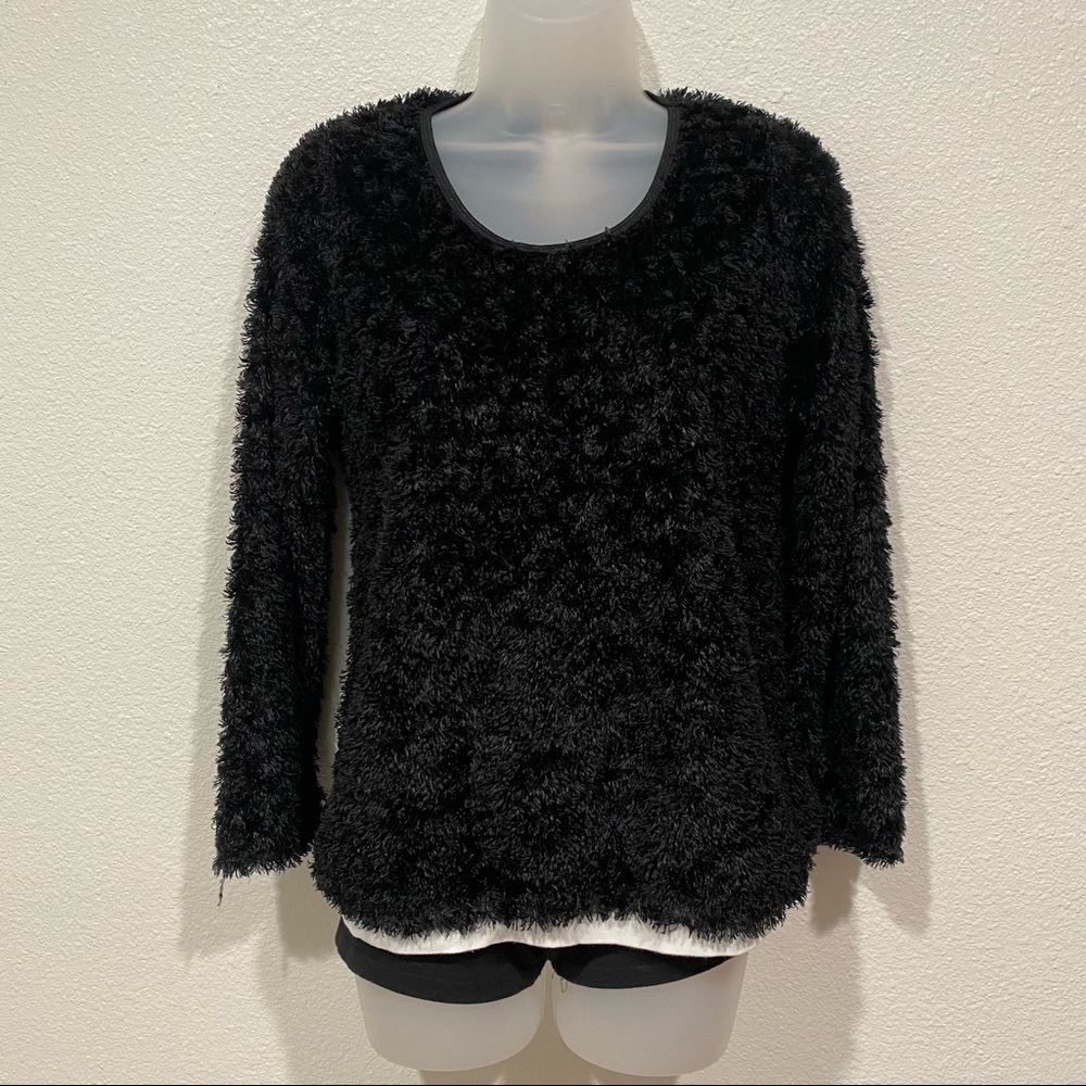 knitworks black soft fuzzy textured long sleeve sweater sweatshirt top shirt